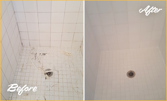 Picture of a White Shower with Moldy Grout and Caulking Before and After a Tile Recaulking Service