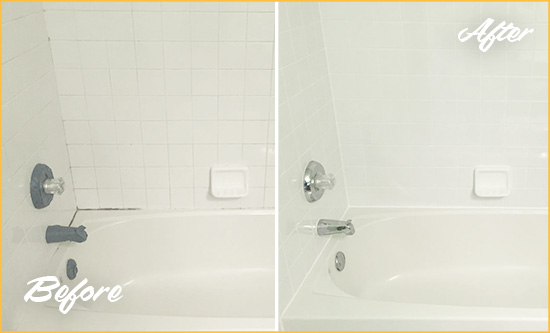 Picture of a Bathtub with Moldy Joints Before and After our Tub Recaulking