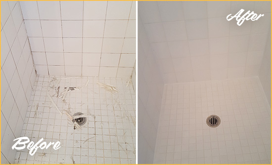 Before and After Picture of a Shower Floor Regrouted