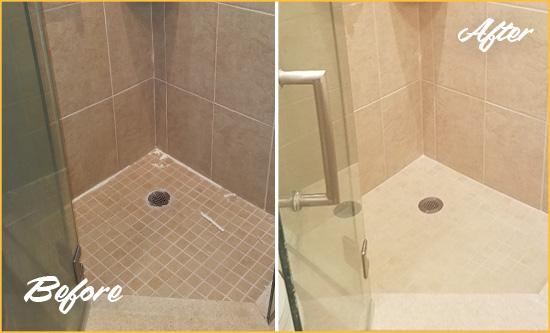 Picture of a Tan Tile Shower with Caulking Peeling Off Before and After a Caulking Service