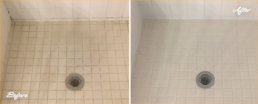 Shower Before and After a Superb Grout Cleaning in St. Cloud, FL