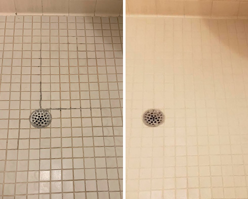 Shower Before and After a Grout Cleaning in Bay Lake, FL