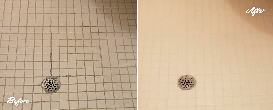 Shower floor Before and After a Grout Cleaning in Bay Lake, FL