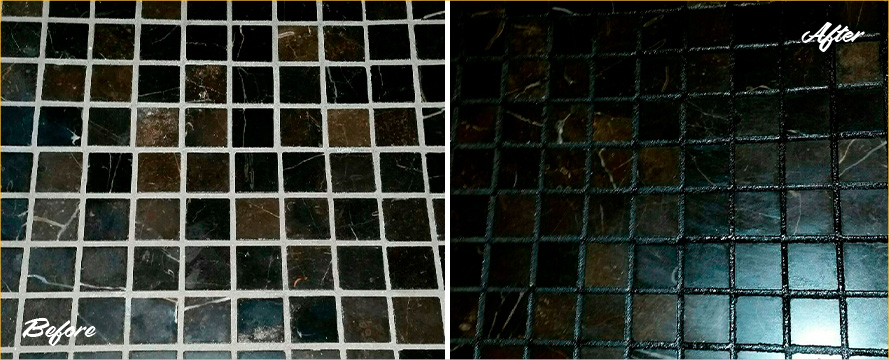 Shower Floor Before and After a Grout Recoloring in Four Corners, FL