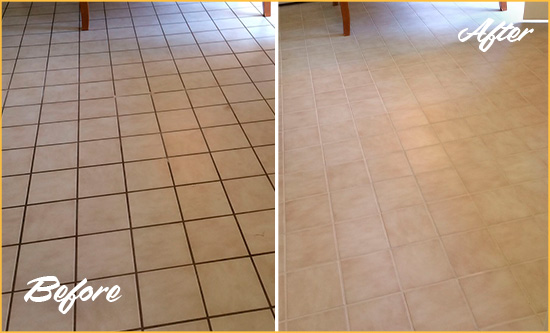 Before and After Picture of a Davenport Kitchen Tile and Grout Cleaned to Remove Embedded Dirt