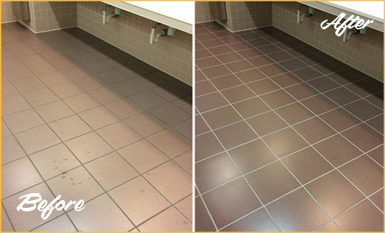 Before and After Picture of a Narcoossee Restrooms Tile and Grout Cleaned to Remove Embedded Dirt