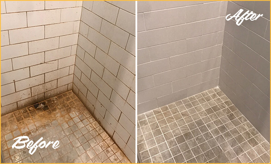 Before and After Picture of a Whittier Shower Tile and Grout Cleaned to Eliminate Mold and Stains