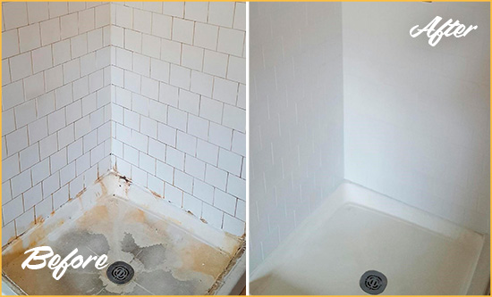 Before and After Picture of a Kenansville Shower Tile and Grout Cleaned to Remove Soap Scum