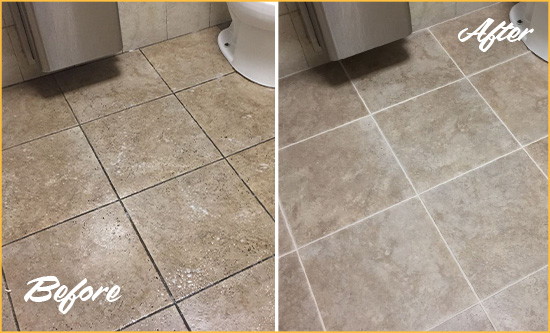 Before and After Picture of a Harmony Restroom Tile and Grout Cleaned to Remove Soil