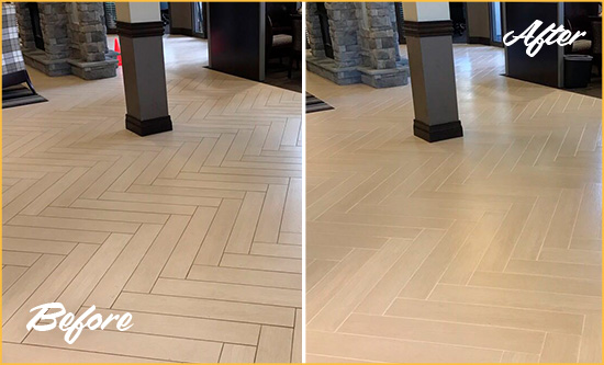 Before and After Picture of a Four Corners Office Floor Tile and Grout Cleaned to Remove Stains