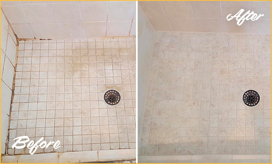 Before and After Picture of a Harmony Shower Caulked to Fix Cracks