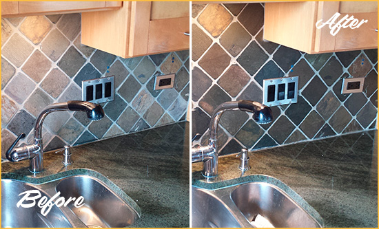 Before and After Picture of a Holopaw Backsplash Caulked to Fix and Prevent Water Leaks