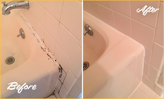 Before and After Picture of a Campbell Bathroom Sink Caulked to Fix a DIY Proyect Gone Wrong