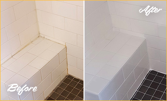 Before and After Picture of a St. Cloud Shower Seat Caulked to Protect Against Mold and Mildew Growth