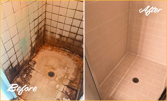 Before and After Picture of a Intercession City Shower Caulked to Fix and Prevent Water Damage