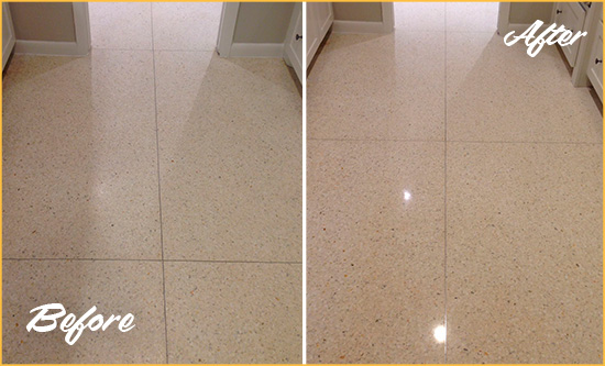 Before and After Picture of a Poinciana Granite Stone Floor Polished to Repair Dullness