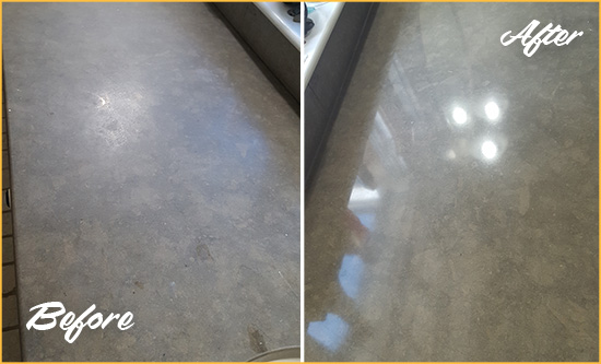 Before and After Picture of a Dull Holopaw Limestone Countertop Polished to Recover Its Color
