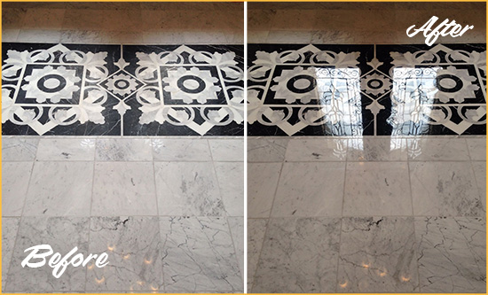 Before and After Picture of a St. Cloud Marble Stone Floor Polished to a Mirror Shine