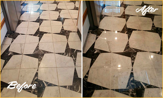 Before and After Picture of a Dull Yeehaw Junction Marble Stone Floor Polished To Recover Its Luster