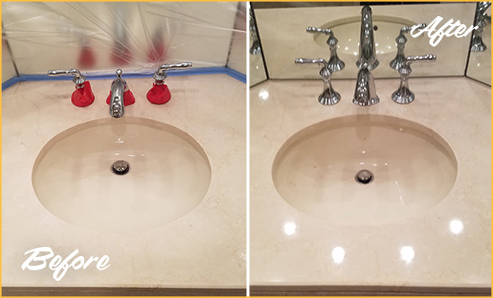 Before and After Picture of a Dull Kissimmee Marble Stone Vanity Top Polished to Bring-Back Its Sheen