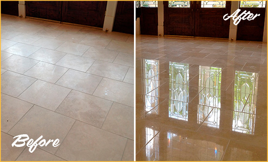 Before and After Picture of a Dull Buenaventura Lakes Travertine Stone Floor Polished to Recover Its Gloss