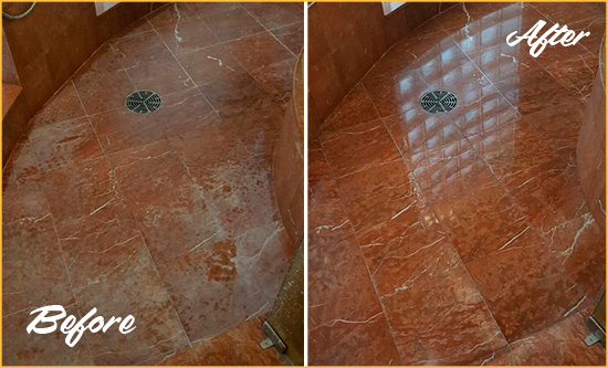 Before and After Picture of a Yeehaw Junction Marble Stone Shower Polished to Eliminate Mineral Deposits