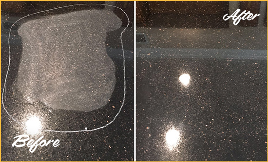 Before and After Picture of a Davenport Granite Stone Countertop Polished to Remove Scratches