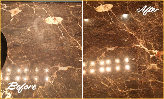 Before and After Picture of a Holopaw Marble Stone Countertop Polished to Eliminate Stains