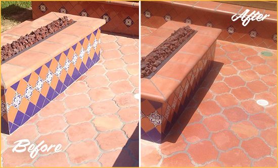 Before and After Picture of a Dull Davenport Terracotta Patio Floor Sealed For UV Protection