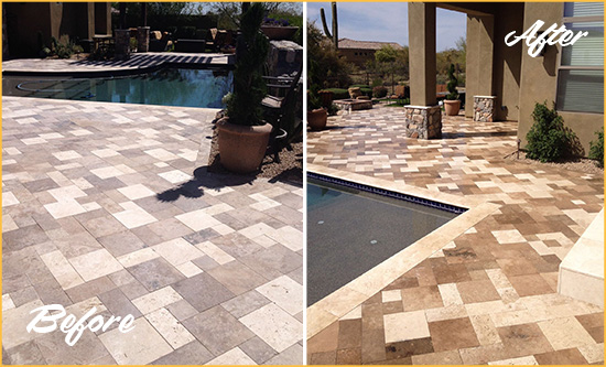 Before and After Picture of a Faded Intercession City Travertine Pool Deck Sealed For Extra Protection