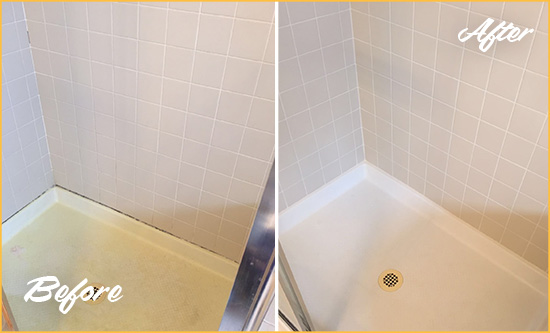 Before and After Picture of a Celebration Shower Sealed to Remove and Protect Against Mold