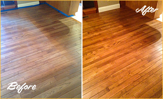 Before and After Picture of a St. Cloud Wood Sand Free Refinishing Service on a Dull Floor to Recover Its Sheen