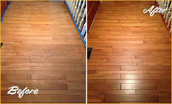 Before and After Picture of a Kissimmee Wood Sand Free Refinishing Service on a Dull Hallway