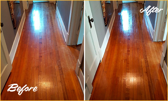 Before and After Picture of a Kissimmee Wood Sand Free Refinishing Service on a Floor to Eliminate Scratches