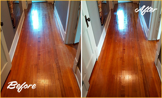 Before and After Picture of a St. Cloud Wood Sand Free Refinishing Service on a Floor to Eliminate Scratches