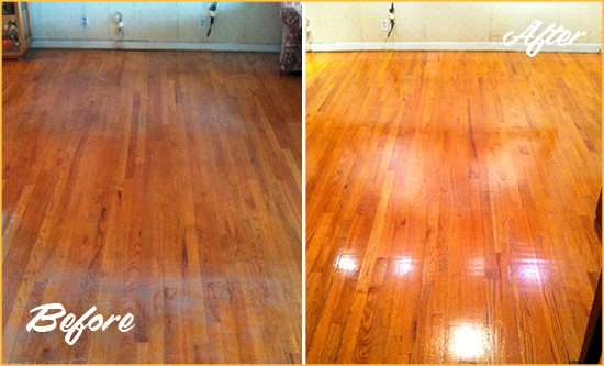 Before and After Picture of a Kissimmee Wood Sand Free Refinishing Service on a Stained Floor