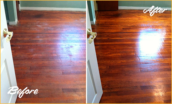 Before and After Picture of a St. Cloud Wood Sand Free Refinishing Service on a Dull Floor to Remove Stains