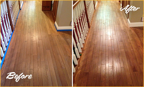 Before and After Picture of a St. Cloud Wood Sand Free Refinishing Service on a Worn Out Floor
