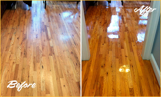 Before and After Picture of a St. Cloud Wood Sand Free Refinishing Service on a Worn Out Hallway