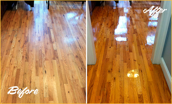 Before and After Picture of a Kissimmee Wood Sand Free Refinishing Service on a Worn Out Hallway