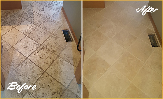 Before and After Picture of a Bull Creek Kitchen Marble Floor Cleaned to Remove Embedded Dirt