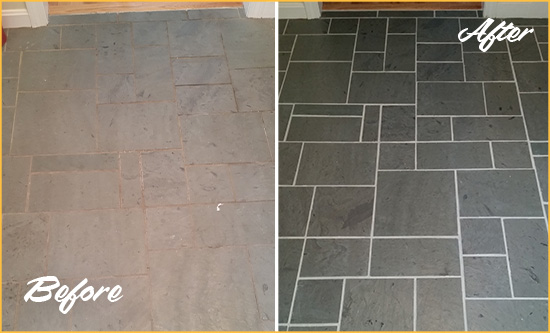 Before and After Picture of a Bull Creek Slate Floor Cleaned to Remove Deep-Seated Dirt