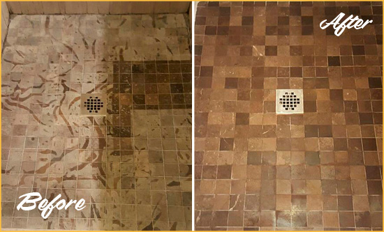 Before and After Picture of a Stained Buenaventura Lakes Marble Shower Floor Cleaned to Remove Etching