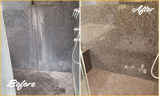 Before and After Picture of a Kenansville Granite Shower Cleaned to Remove Mineral Deposits