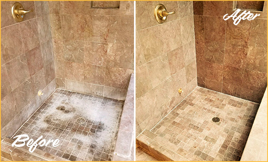 Before and After Picture of a Yeehaw Junction Travertine Shower Cleaned to Eliminate Water Spots