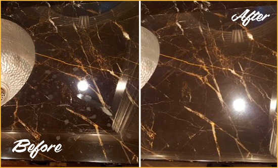 Before and After Picture of a Kissimmee Marble Countertop Cleaned to Remove Water Spots
