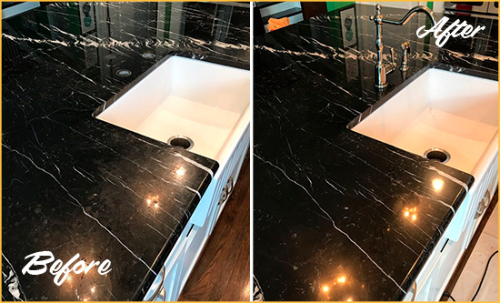 Before and After Picture of a Deer Park Marble Kitchen Countertop Stone Sealed to Avoid Water Damage
