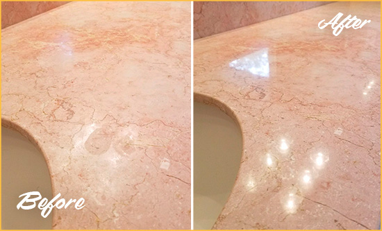Before and After Picture of a Four Corners Marble Stone Vanity Top Sealed to Avoid Water Marks