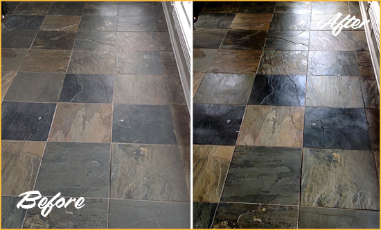 Before and After Picture of a Bull Creek Slate Stone Floor Sealed to Eliminate Dullness