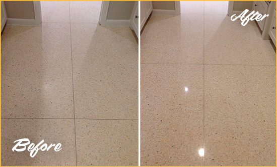 Before and After Picture of a Dull Campbell Granite Floor Honed to Recover Its Sheen